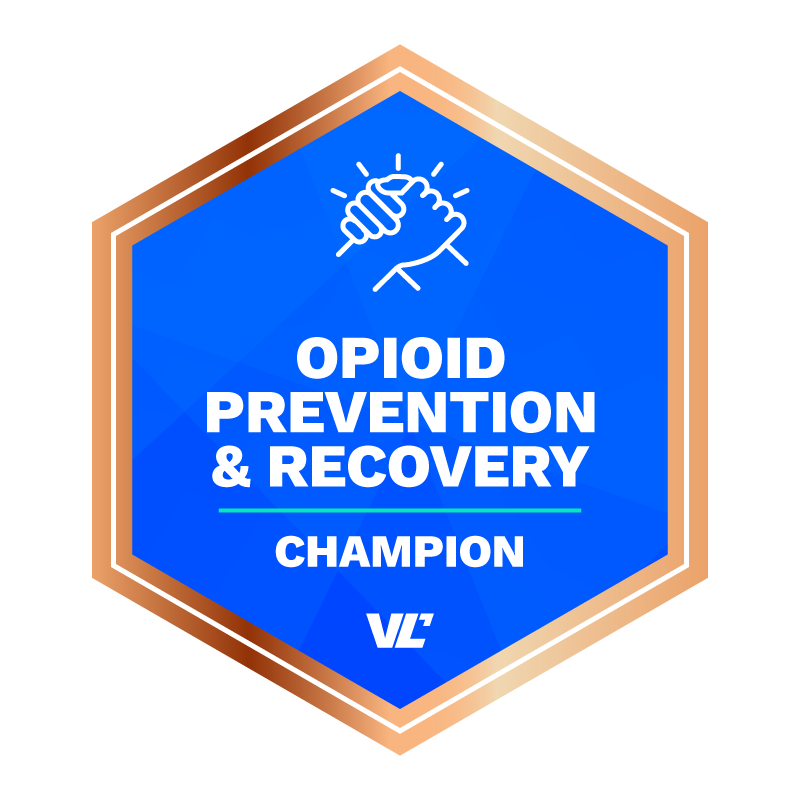Opioid Prevention & Recovery Champion Badge in bronze, featuring an icon of two grasped hands.