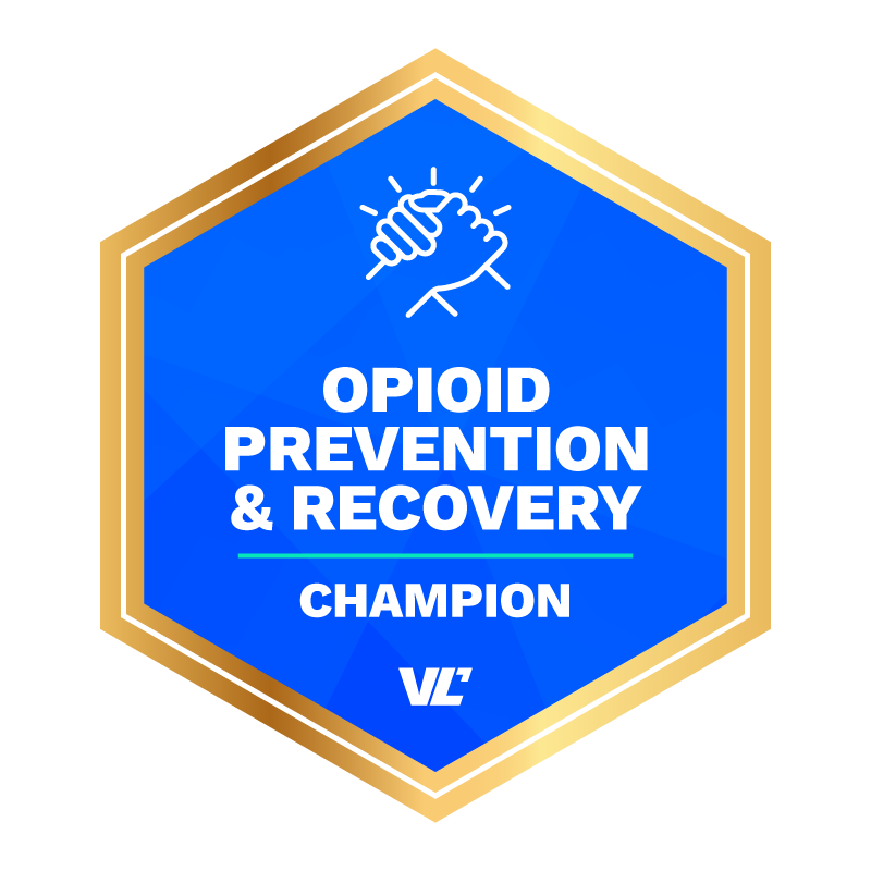 Opioid Prevention & Recovery Champion Badge in gold, featuring an icon of two grasped hands.